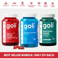 3 Bottles of Goli Best Seller Bundle: Ashwagandha KSM-66, Apple Cider Vinegar, Matcha Mind Supplement with Cognizin, Vitamins D2 and B12 Healthcare Dietary