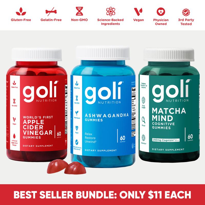 3 Bottles of Goli Best Seller Bundle: Ashwagandha KSM-66, Apple Cider Vinegar, Matcha Mind Supplement with Cognizin, Vitamins D2 and B12 Healthcare Dietary