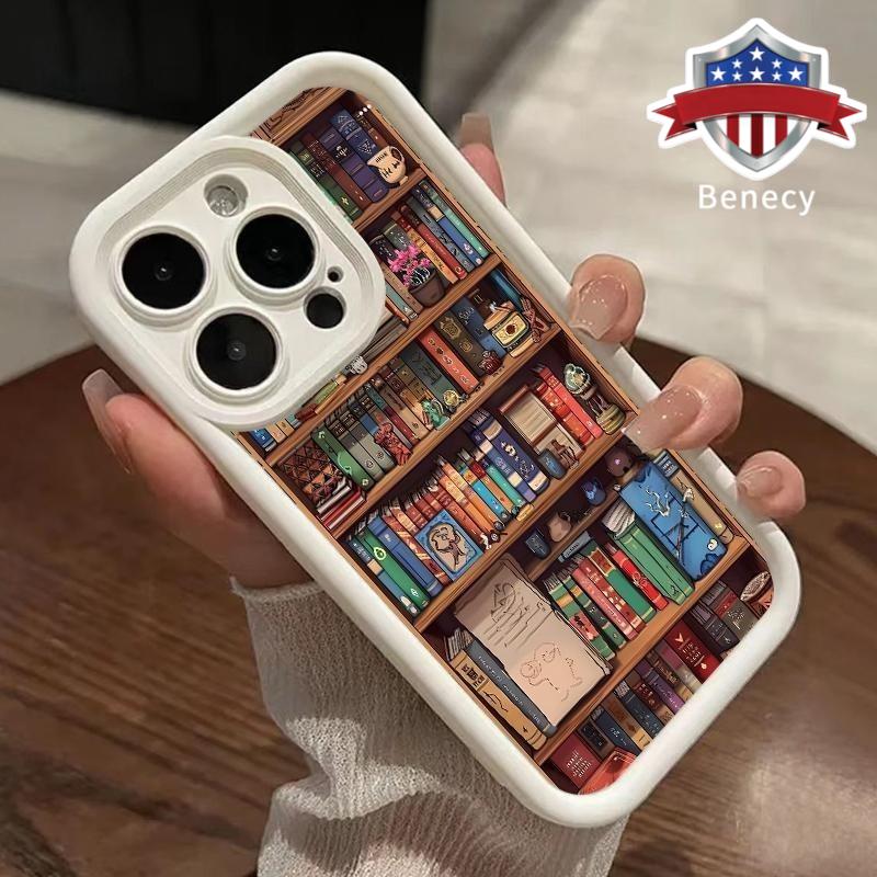 Cartoon Bookshelf Pattern TPU Phone Case for Iphone 16 15 14 Pro Max 13 12 11 XR XS plus Shockproof Non Slip Military-Grade Protective Silicone Cover