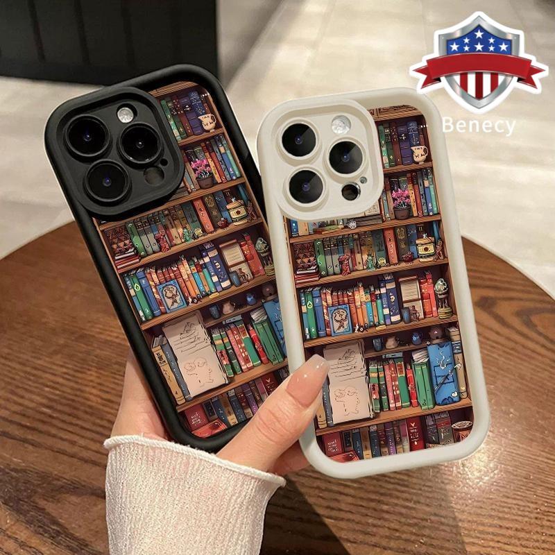 Cartoon Bookshelf Pattern TPU Phone Case for Iphone 16 15 14 Pro Max 13 12 11 XR XS plus Shockproof Non Slip Military-Grade Protective Silicone Cover