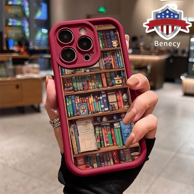 Cartoon Bookshelf Pattern TPU Phone Case for Iphone 16 15 14 Pro Max 13 12 11 XR XS plus Shockproof Non Slip Military-Grade Protective Silicone Cover