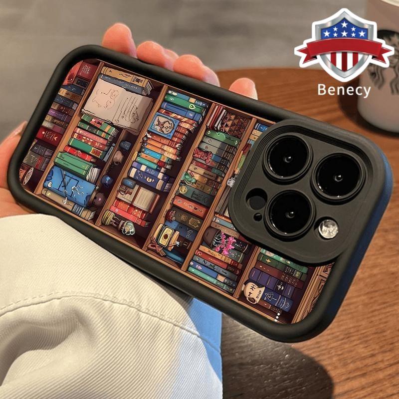 Cartoon Bookshelf Pattern TPU Phone Case for Iphone 16 15 14 Pro Max 13 12 11 XR XS plus Shockproof Non Slip Military-Grade Protective Silicone Cover