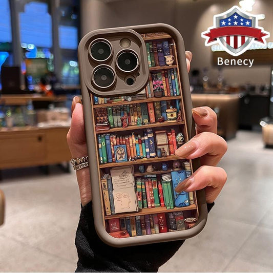 Cartoon Bookshelf Pattern TPU Phone Case for Iphone 16 15 14 Pro Max 13 12 11 XR XS plus Shockproof Non Slip Military-Grade Protective Silicone Cover