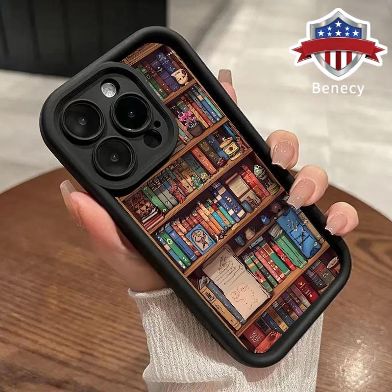 Cartoon Bookshelf Pattern TPU Phone Case for Iphone 16 15 14 Pro Max 13 12 11 XR XS plus Shockproof Non Slip Military-Grade Protective Silicone Cover