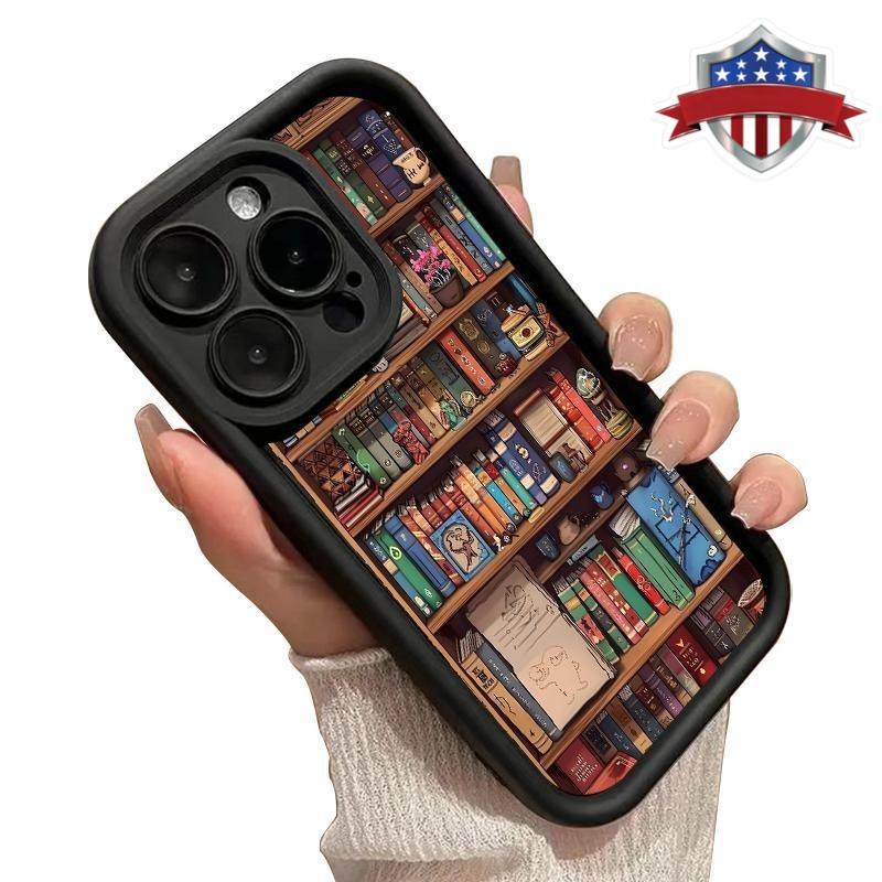 Cartoon Bookshelf Pattern TPU Phone Case for Iphone 16 15 14 Pro Max 13 12 11 XR XS plus Shockproof Non Slip Military-Grade Protective Silicone Cover
